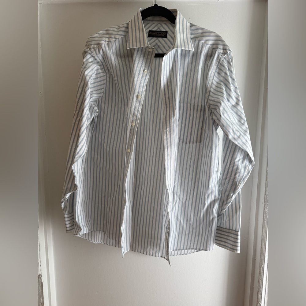 Donald J Trump Men's White and Light Blue Striped Dress Shirt